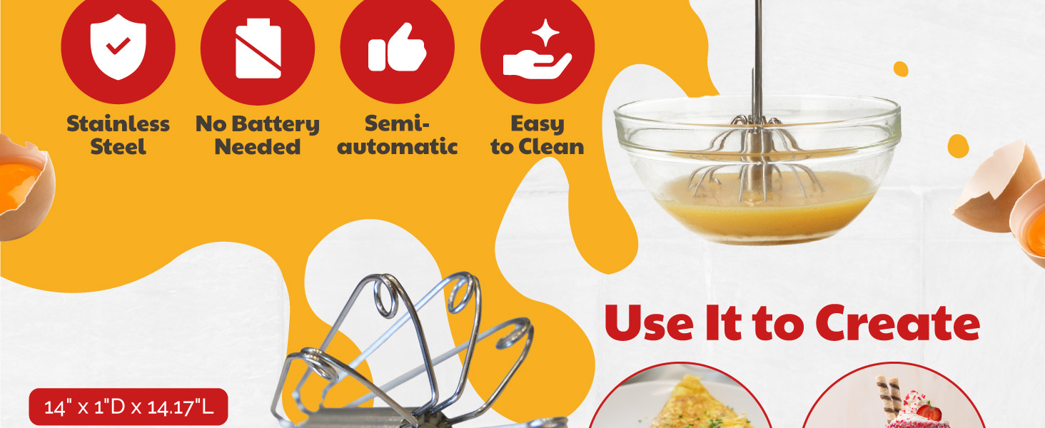Dishwasher safe stainless steel whisk, easy clean. Rotating whisk blender, semi-automatic whisk