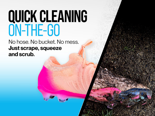Text reads 'QUICK CLEANING,' 'ON-THE-GO,' 'No hose. No bucket. No mess. Just scrape, squeeze and scrub.' Pink handheld cleaning tool demonstrated on dark textured surface, showing before/after cleaning effect.