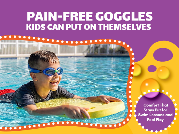 Young boy in a pool wearing pain-free kids swimming goggles that don't pull hair