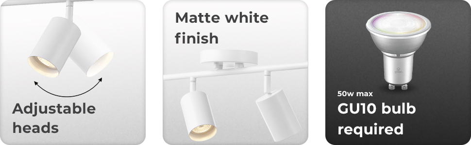 adjustable heads, matte white finish, gu10 bulb required