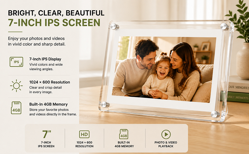 Acrylic digital frame with 7-inch IPS screen, 1024x600 resolution and 4GB memory