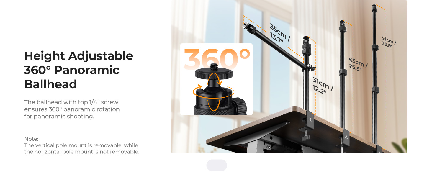 Text reads 'Height Adjustable', '360° Panoramic', 'Ballhead'. Product showcase of camera mount features showing adjustable positioning and rotation capabilities.