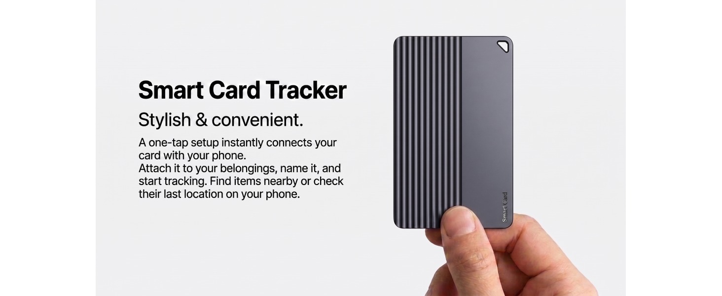Hand holding a slim smart tracker card for locating wallets, luggage, and personal belongings.