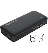 Multiple views of a black rectangular electronic device with HDMI port and accessories. Shows power cable and connection options from different angles.