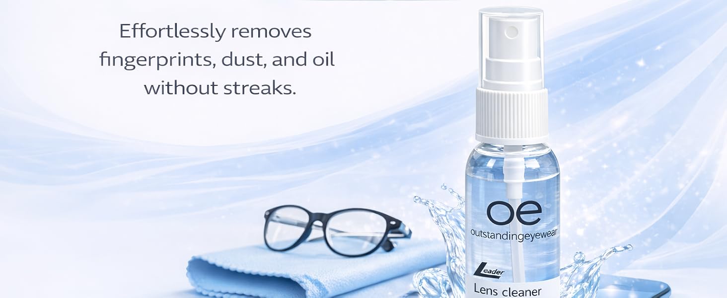 Outstanding Eyewear 2oz lens cleaner with eyeglasses and microfiber cloth for streak-free cleaning