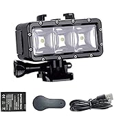 Waterproof LED light with three bulbs in a rugged black casing, mounted on an action camera mount. Includes battery pack, remote control, and USB cable accessories.