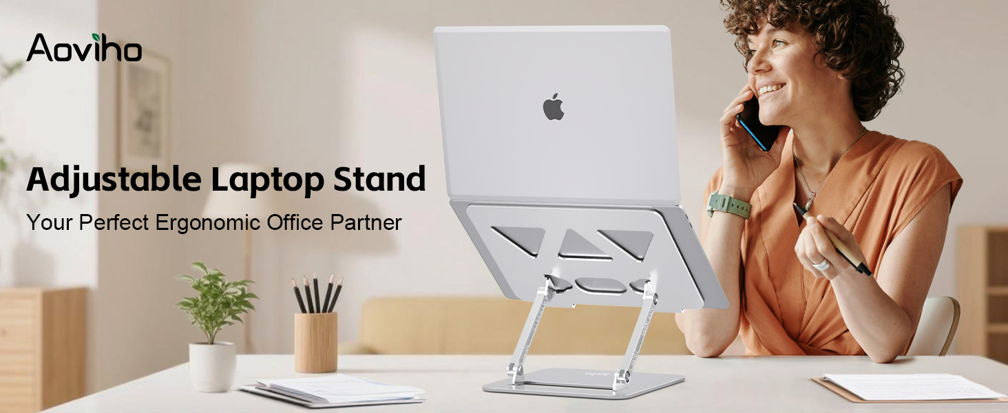 Adjustable laptop stand for desk elevates laptops for ergonomic work, study and office productivity