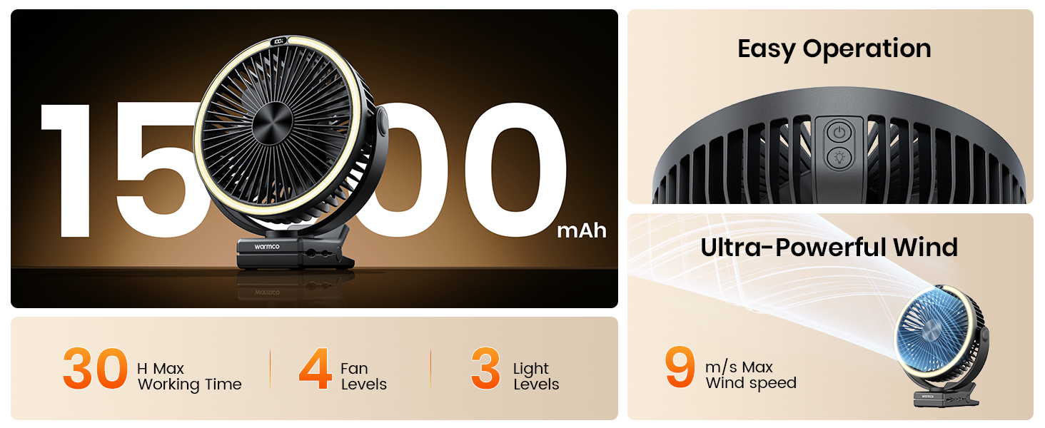 15000mAh clip fan — 30H battery life, 9m/s powerful wind, easy one-button operation.