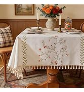 Laolitou Spring Pink Floral Table Cloth Rectangle Table, Embroidery Heavy Duty Cotton Linen Table...