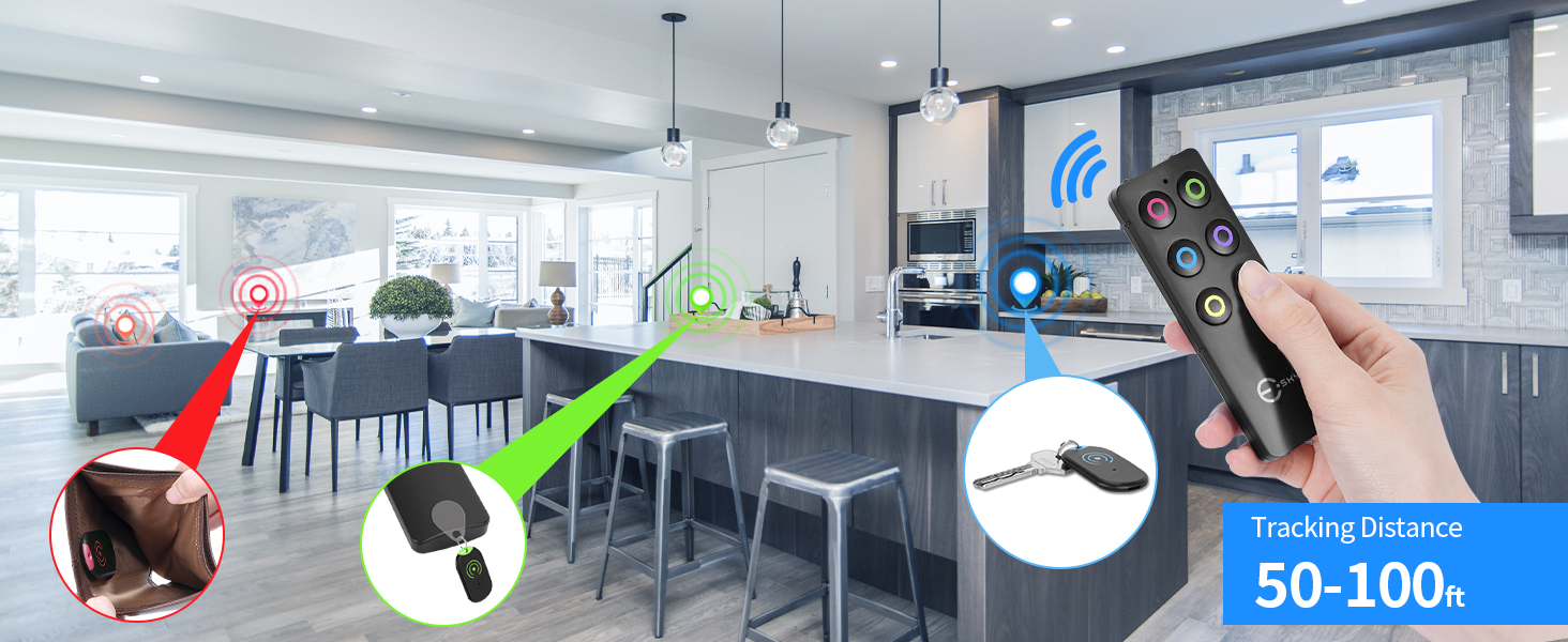 Esky Ultra Slim Key Finder, TV Remote Finders Locator with 80dB Sound 6 Receivers Wallet Trackers