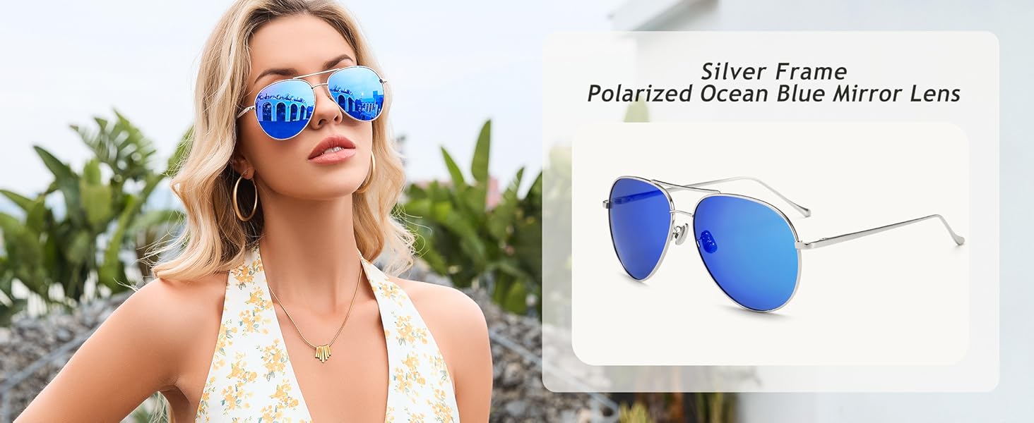 A beautiful women wearing blue mirror aviator sunglasses