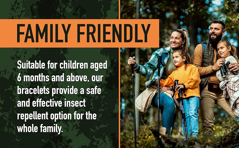 Marketing image for insect repellent bracelets, featuring text about family-friendly use for children 6 months and above in outdoor setting.