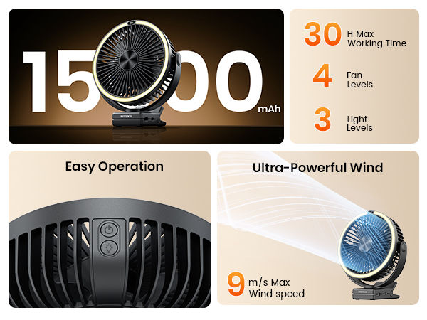 15000mAh clip fan — 30H battery life, 9m/s powerful wind, easy one-button operation.
