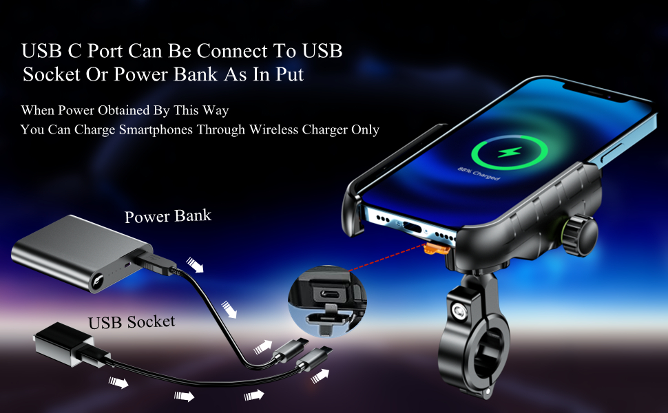 Motorcycle phone mount USB C port as input