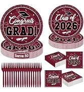 QZYL 200Pcs Graduation Supplies Set, Burgundy Graduation Plates, Napkins, Dessert Plates and Plas...