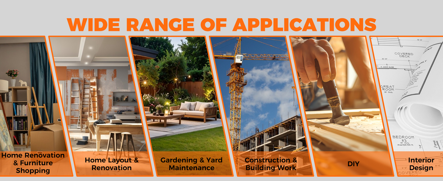 Text reads: 'WIDE RANGE OF APPLICATIONS'. Horizontal panel showing different indoor and outdoor scenes including living room, kitchen, camping, and office settings.