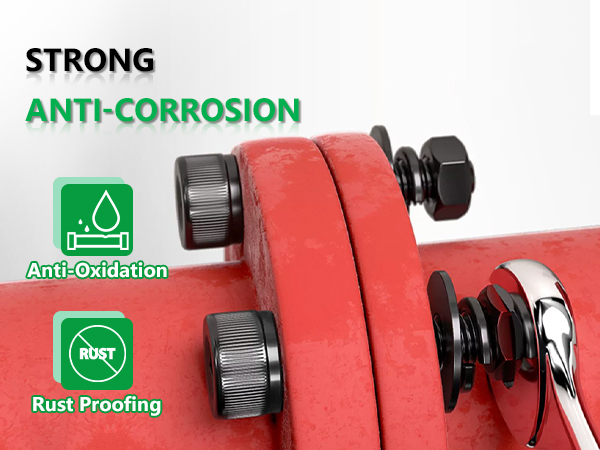 Close-up of a red metal tool component featuring anti-corrosion and rust-proofing properties, with black adjustment knobs and green icons indicating anti-oxidation protection.