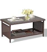 VINGLI Outdoor Wicker CoffeeTable Patio Coffee Tables for Outside, Tempered Glass Top Wicker Tabl...