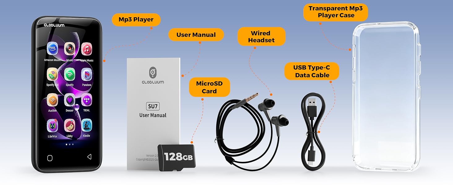 MP3 player with included accessories: 128GB card, charging cable, earbuds, and protective case.
