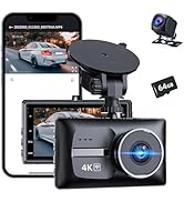 Dash Camera Front and Rear 4K+1080P Dual Dash Cam, Driving Camera for Cars with 64GB Card, Built-...
