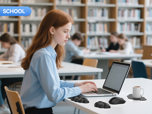 Black ergonomic mouse device on table next to laptop in library setting. Device has multiple rounded sections, likely for hand comfort during computer use.
