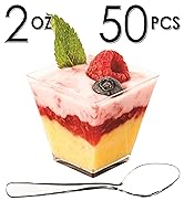 DLux 50 x 2oz Square Mini Dessert Cups with Spoons, Clear Plastic Parfait Appetizer Cup - Small R...