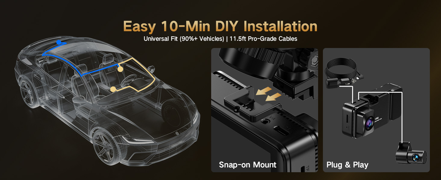 4K Dash Cam Front and Rear Inside, 3-Channel Cars Camera Dash