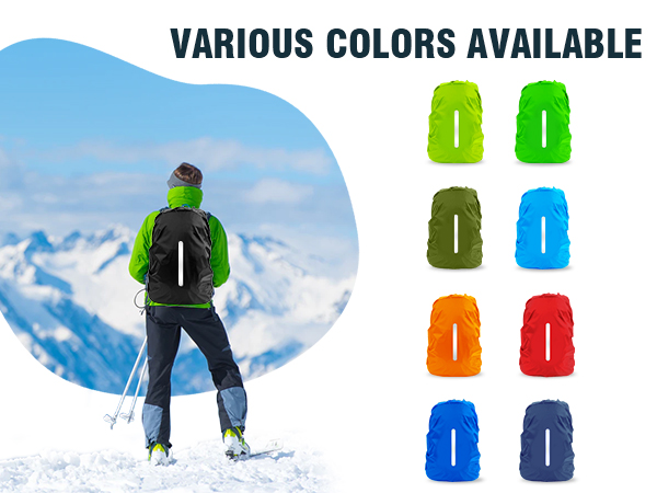 Product color options showing eight backpacks in various colors including green, olive, blue, orange, red, and navy, with winter sports scene.