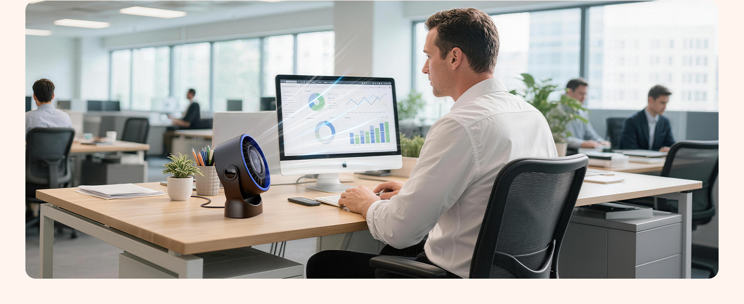 Office setting showing computer workstation with person seated at desk viewing data charts on monitor in modern office environment.