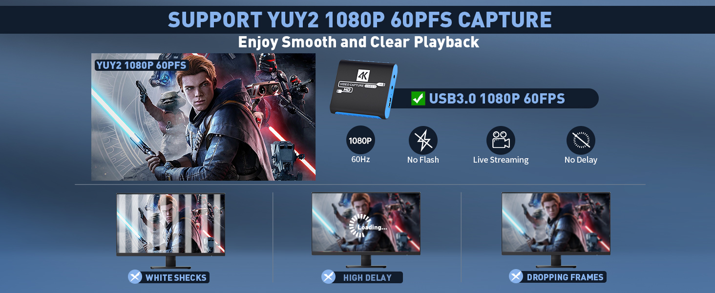 YUY2 1080P 60FPS capture card: enjoy smooth and clear playback, no flash, no delay, live streaming