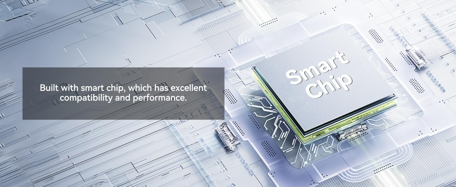 Text reads 'Built with smart chip, which has excellent compatibility and performance'. Close-up image of computer circuit board with electronic components.