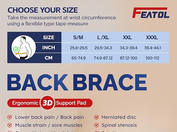 3D back brace size chart