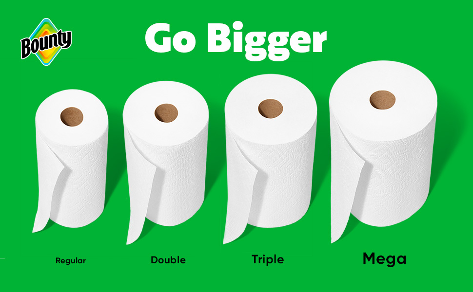 Bounty Paper Towel Sizes: Regular, Double, Triple, Mega.