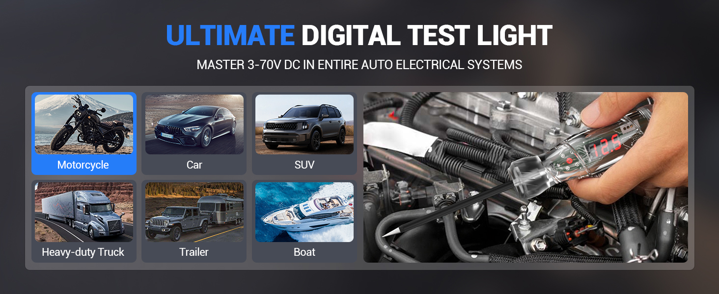 Text reads 'ULTIMATE DIGITAL TEST LIGHT'. Four grayscale automotive service images showing diagnostic tool usage on vehicles and engines.