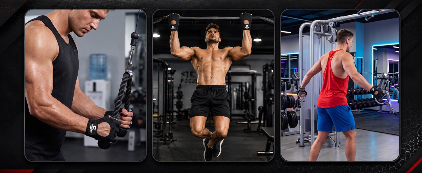 Three fitness demonstration panels showing male athletes: left panel dumbbell exercise, center panel pull-up bar workout, right panel resistance training in gym setting.