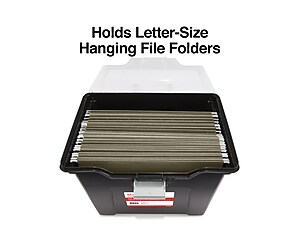 top view of plastic file box containing hanging folders