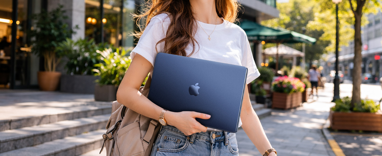 Person holding blue laptop while walking outdoors in urban setting with trees and buildings visible.