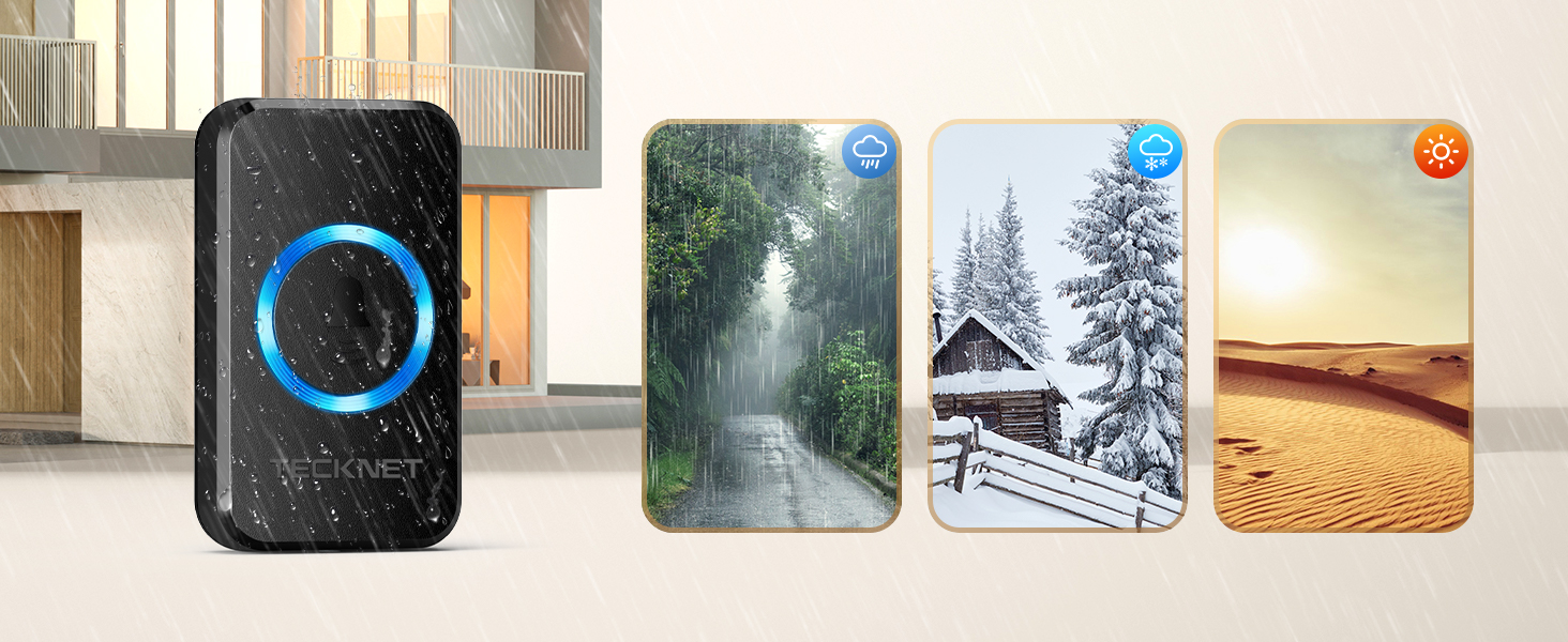 Smart speaker device with blue ring light, shown alongside four nature-themed cards displaying forest, snow, and desert scenes.