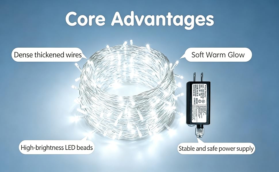 Cool white LED fairy lights with thick wires, bright LEDs, and stable safe power supply for decor