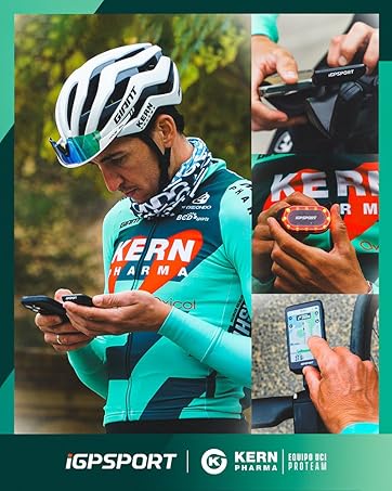 Text reads 'iGPSPORT' and 'KERN pharma'. Multiple panels showing cycling-related activities with turquoise jersey and cycling equipment.