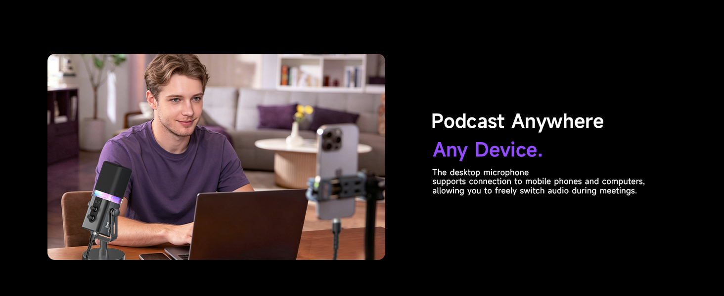 Text reads "Podcast Anywhere" and "Any Device". Man at laptop with coffee cup in home office setting, promoting podcast listening capability across devices.