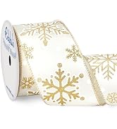 Ribbli Gold Snowflake Wired Ribbon,Ivory Satin with Big Glitter Snowflake Christmas Ribbon for Wr...