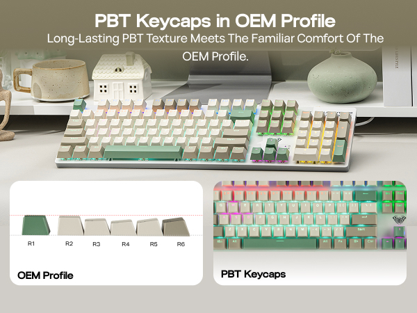 Text reads 'PBT Keycaps in OEM Profile'. Multiple views of computer keyboard keycaps in various colors and configurations showing profile shapes.