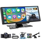 10.26" Wireless CarPlay Screen for Car: 4K Dash Cam &amp; 1080P Backup Camera, Portable Touchscreen C...