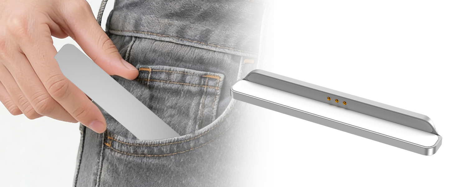 Step-by-step demonstration of measuring device being used with jeans pocket, showing proper placement and usage technique.