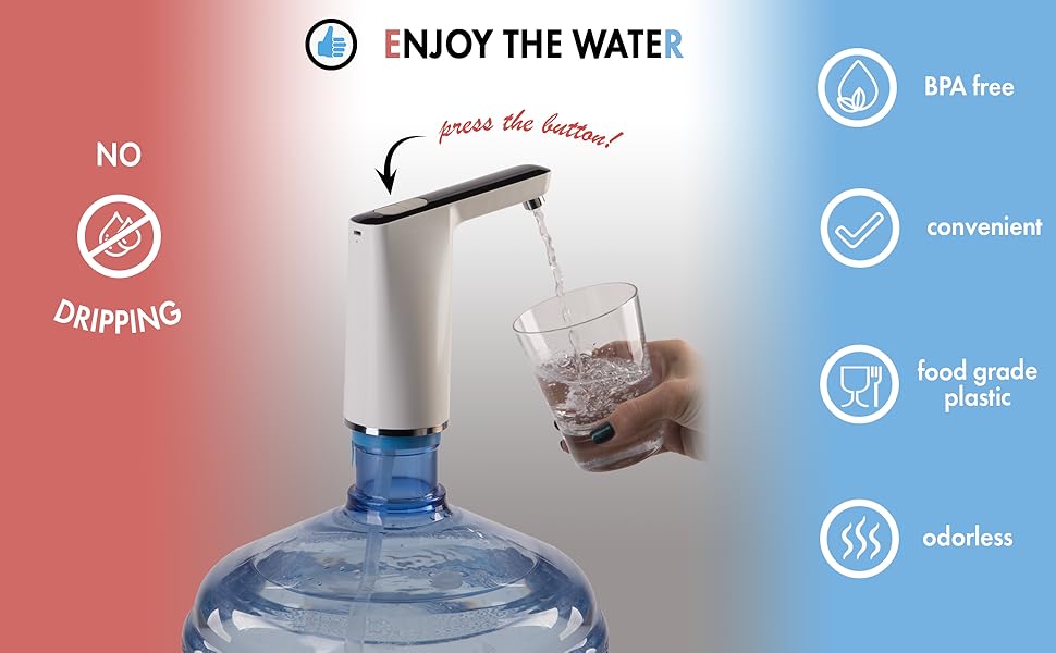 5-gal bottle with a switched on water pump on top pumping water into a glass in a woman’s hand