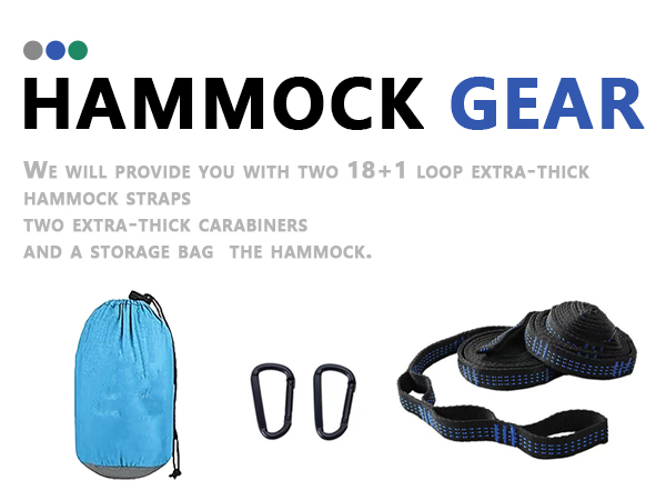 Text reads 'HAMMOCK GEAR'. Product image showing blue stuff sack, black carabiners, and black hammock straps against white background.