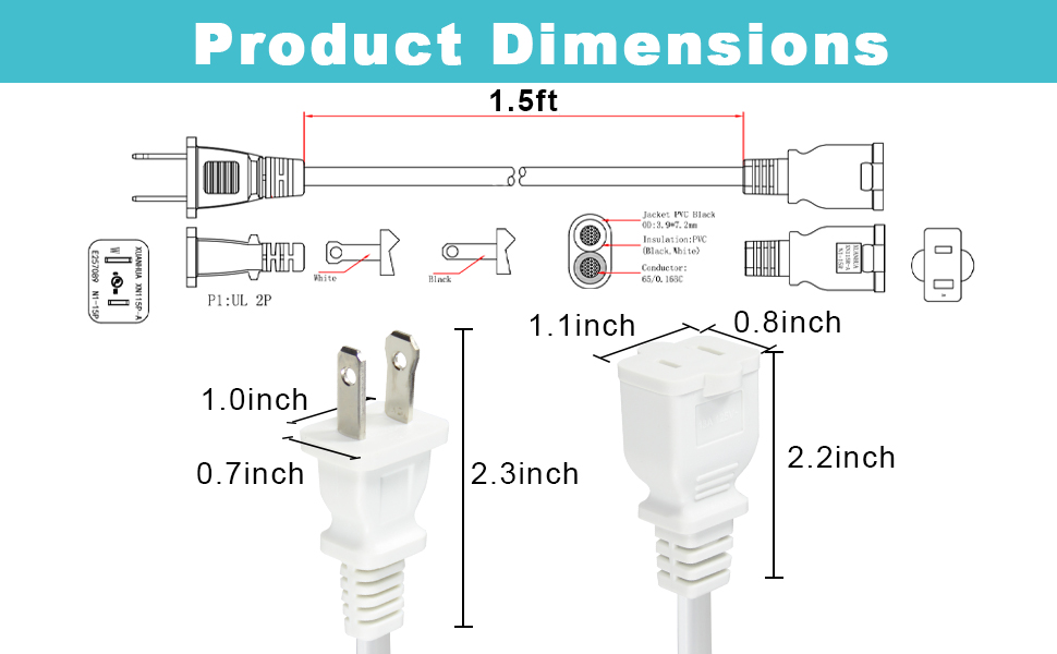 Polarized US 2-Prong Male-Female Extension Power Cord Cable