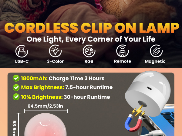 Rechargeable Reading Light Clip on Bed Cordless Desk Lamp Flexible Clip Light Kids Bedroom Camping