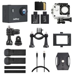 Action camera accessories layout including mounts, battery, memory card